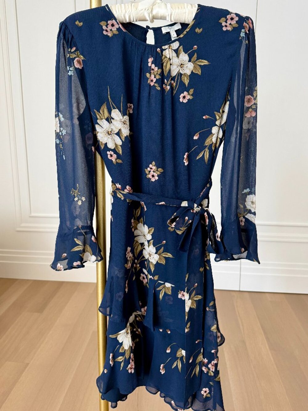 Joie Navy Floral Silk Ruffle Dress Belted Size 6